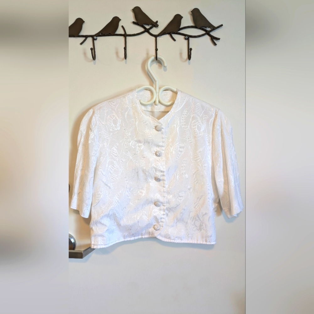 Vintage Elegant White Jacquard Crop Blazer Women's Top With Shoulder Pads